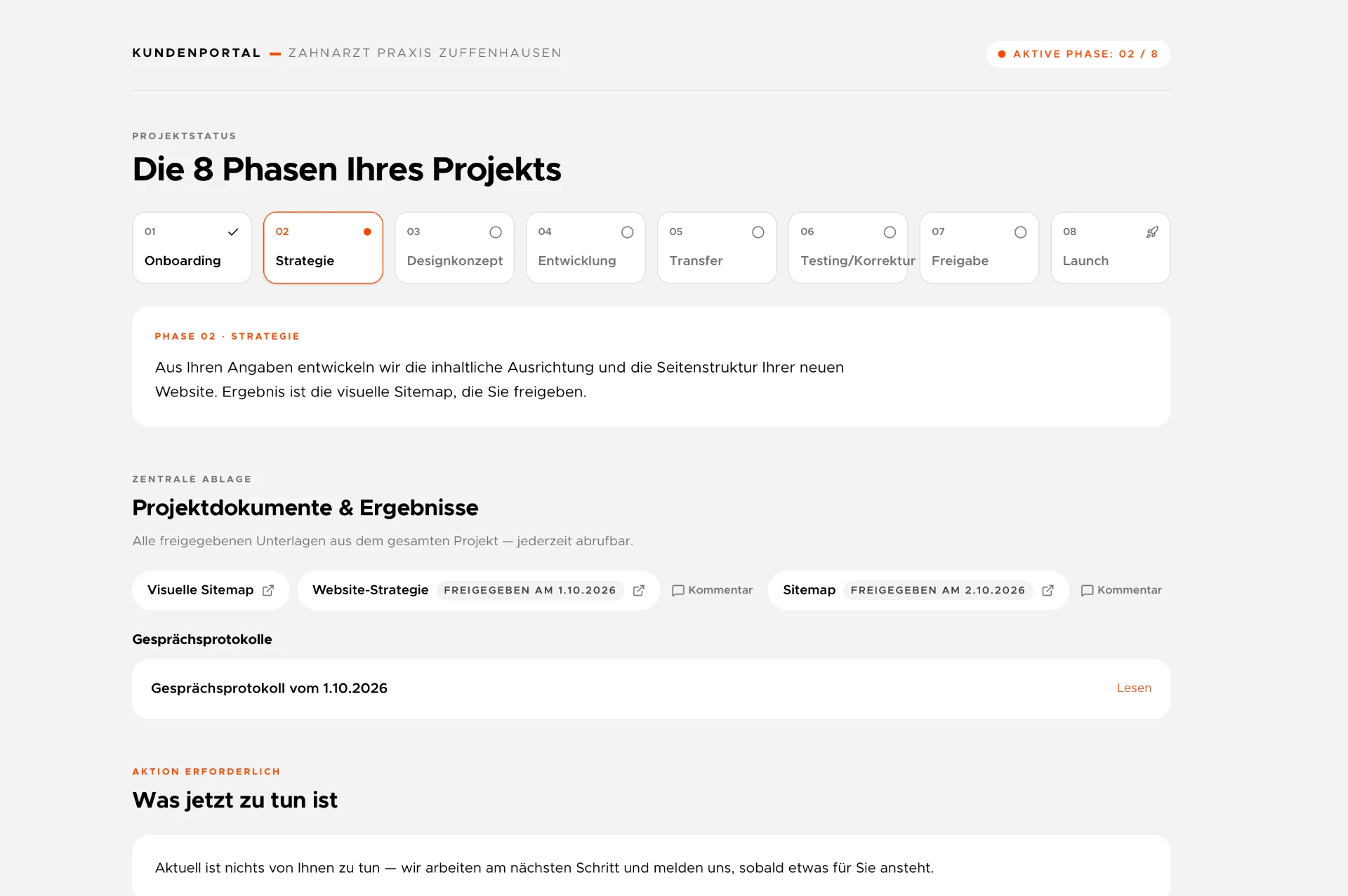 Projektportal mit den 8 Phasen, Projektdokumenten und offenen Aufgaben